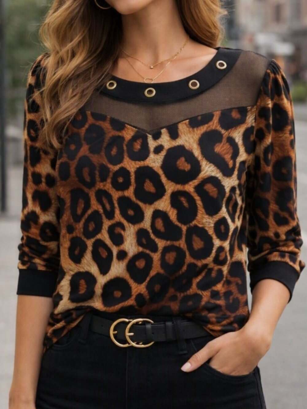 Adele & May Leopard Animal Print Mesh Rivet Top Shirt Blouse M Glam Y2K Mob Wife